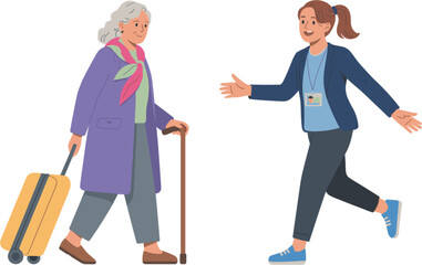 Fototapeta premium Airport assistance service vector illustration, staff welcoming elderly traveler with luggage and walking cane at terminal