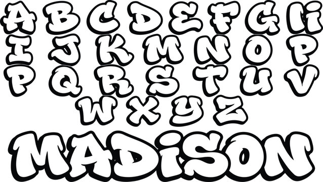 Alphabet letters and name madison in bubble font