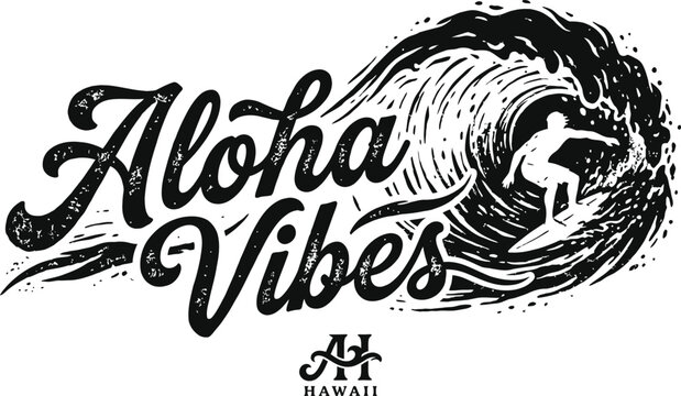 Aloha vibes surf logo with surfer on wave