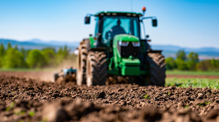 Fototapeta premium Green tractor plowing fertile soil in large summer field under sunny blue sky, agricultural machinery concept, farming equipment photography, defocused field background, with copy