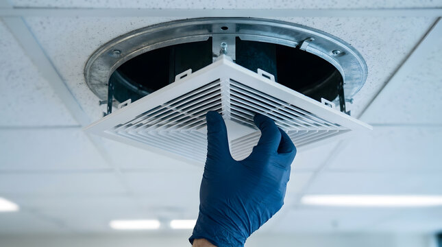 professional hvac technician installing ceiling diffuser | air conditioning vent maintenance in office | gloved hand replacing square ventilation grille | indoor air quality system repair service