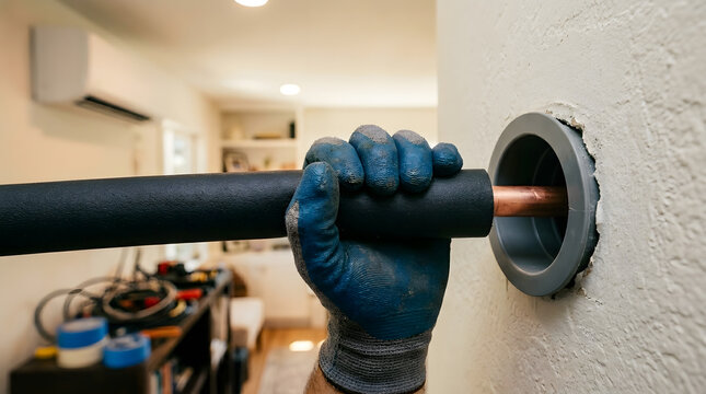 HVAC technician installing copper line set insulation | mini split air conditioner installation | professional plumber working on home pipe insulation | residential heating and cooling maintenance