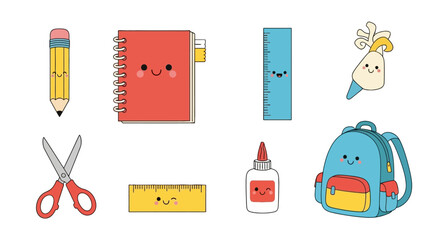 Cute school supply characters with smiling faces for kids © afriza