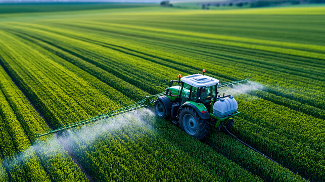 Aerial drone view of tractor spraying fertilizer on bright green wheat field under summer sun, modern agriculture concept, crop protection photography, defocused farmland