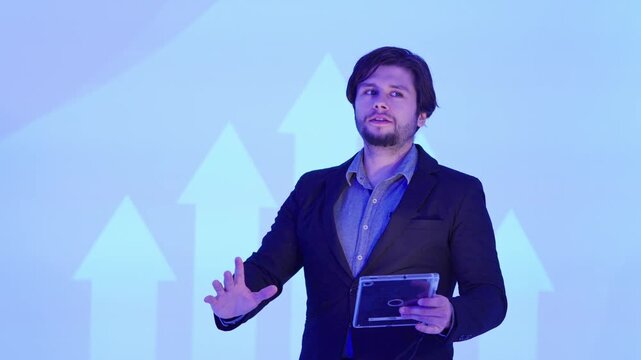 Self assured business professional showcasing growth strategies using a tablet in a corporate environment