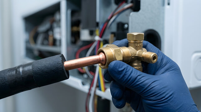 HVAC technician installing flare nut|Air conditioning copper pipe connection|R410A valve assembly for AC repair|Professional refrigeration system maintenance