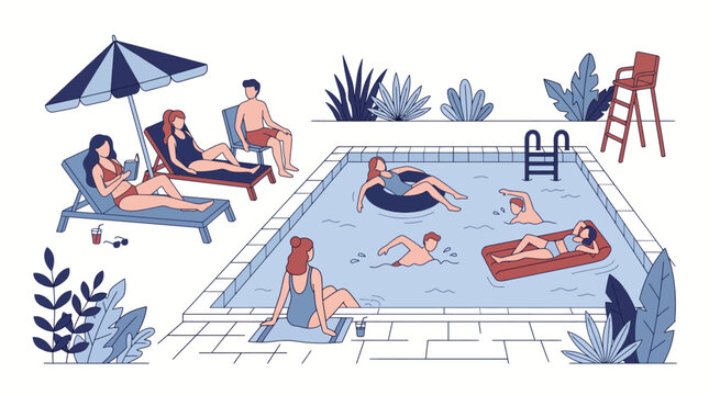 People swimming and relaxing at a public pool vector illustration. Active summer recreation, fitness, and lifestyle scene for holiday vacation. Flat line art.