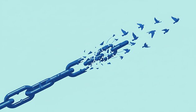 Heavy blue metal chain shatters into flying birds, symbolizing freedom, liberation, and breaking constraints