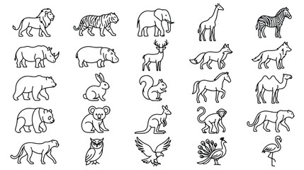 Minimalist wild animal line icons, set of 25 safari and forest fauna vector symbols, black outline zoo creatures for educational design © Ch