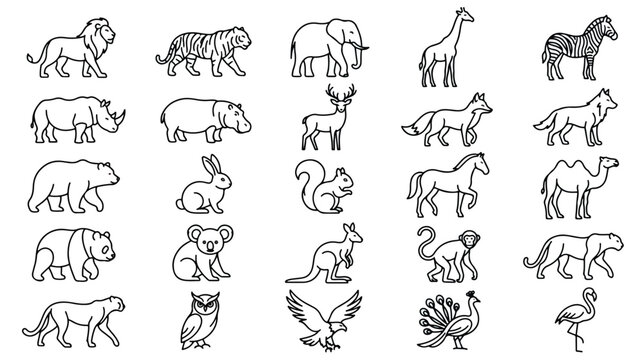 Minimalist wild animal line icons, set of 25 safari and forest fauna vector symbols, black outline zoo creatures for educational design