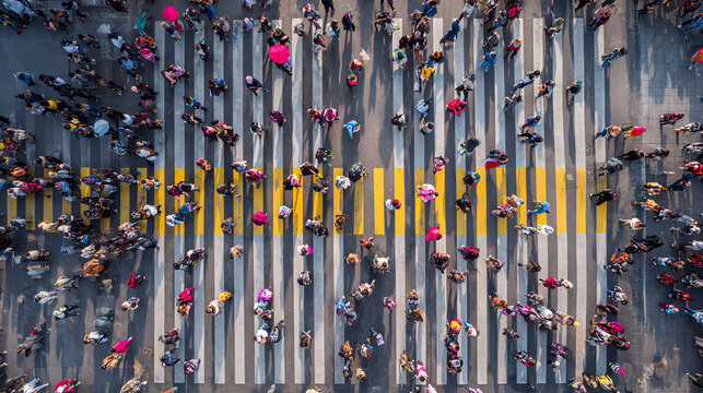 Aerial view of a busy crosswalk filled with pedestrians during the day, showcasing urban life and movement.