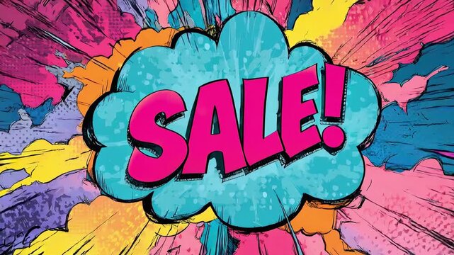 Explosive comic book style sale announcement with vibrant colors and dynamic action
