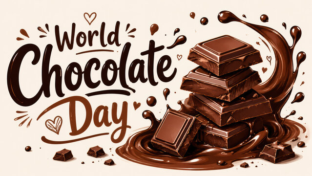 World Chocolate Day lettering with a stack of delicious dark chocolate square bars