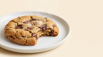 Fototapeta premium Steaming Hot Bitten Chocolate Chip Cookie with Sea Salt on White Plate