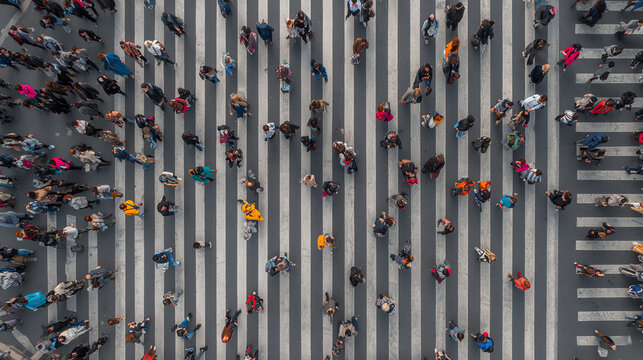 Aerial view of busy urban pedestrians crossing a street with zebra lines, showcasing daily city life dynamics.