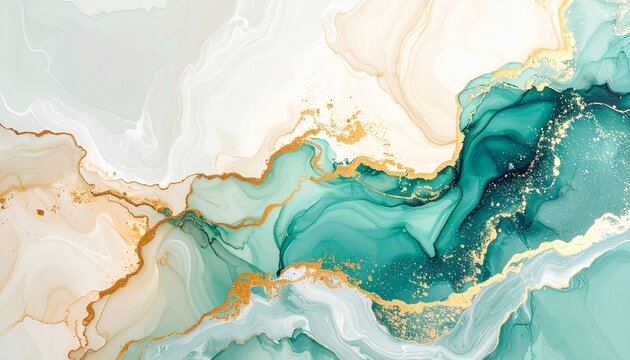 Luxury Coastal Geode Marble Background with Emerald Ocean Waves and Golden Veins