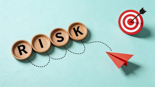 Conceptual image of risk management with wooden blocks spelling RISK connected by dotted path to red paper airplane flying toward bullseye target with arrow