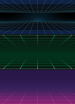 Retro futuristic neon grid backgrounds collection in synthwave style