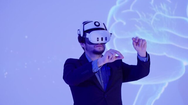Young man engaged in virtual reality experience with vr headset and interactive gestures in futuristic environment