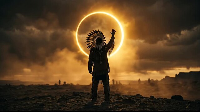Native American man reaching toward solar eclipse in desert landscape at dusk