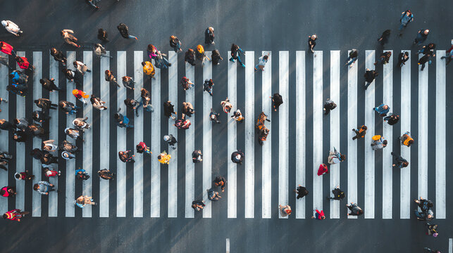 Aerial view of diverse pedestrians crossing a busy city street on a zebra crossing.