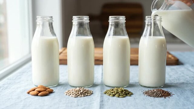 Pouring fresh plant based milk into glass bottles with almonds and seeds