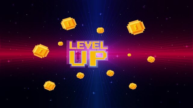 LEVEL UP icon pixel art. 8 bit. Retro Futurism Sci-Fi Background. glowing neon grid and stars from vintage arcade computer games