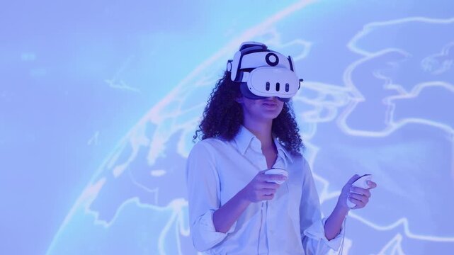 Young woman engaged in virtual reality experience with interactive controller in futuristic environment