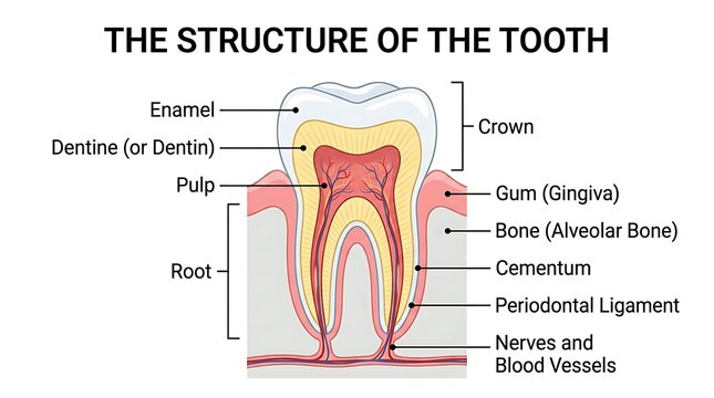 Anatomical diagram of human tooth structure and internal components