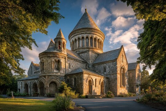 Stone church building featuring intricate romanesque revival architecture under a warm evening sky