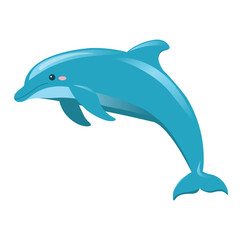 Fototapeta premium Kawaii swimming blue dolphin isolated vector, flat cartoon style marine animal illustration, cute sea life character design for children book, fabric pattern and baby shower greeting cards
