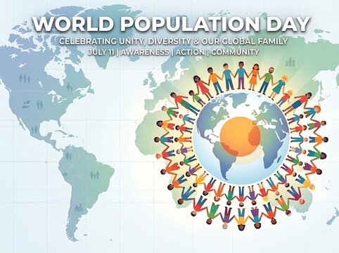 Colorful world population day illustration with people holding hands around a globe celebrating unity and diversity