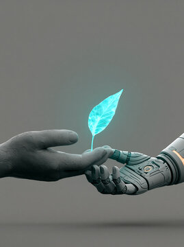 Tactile 3D clay illustration of a textured grey human hand and a robot hand holding a glowing blue neon leaf.