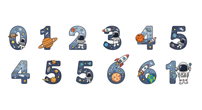 Space themed numbers set with astronauts and rockets