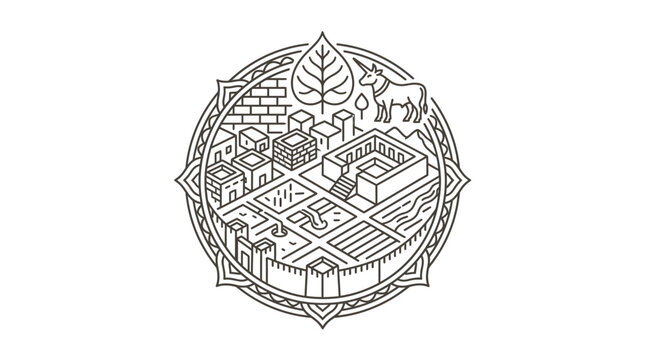 Ancient Indus Valley civilization city line art illustration