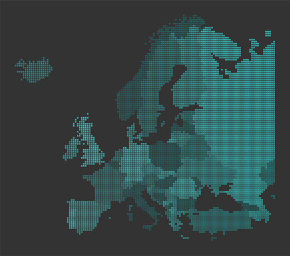 This map displays Europe using small pixel squares to represent different countries and their political boundaries in a digital format during the current time.