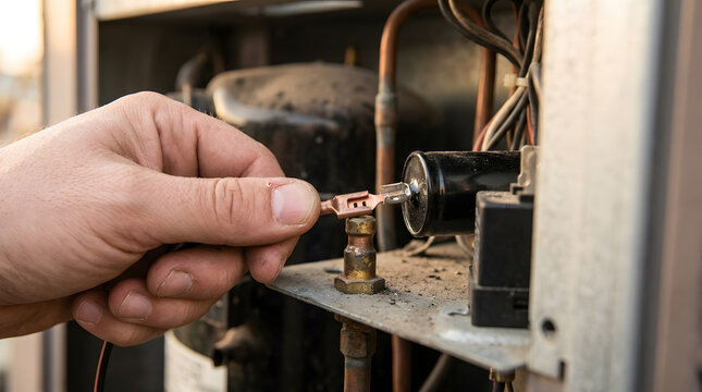 HVAC technician repairing air conditioner unit|AC capacitor replacement and electrical wiring|home air conditioning maintenance and service|technician hand installing electrical terminal on capacitor