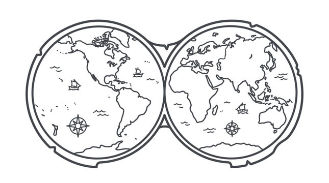 Antique style double hemisphere world map line art illustration.