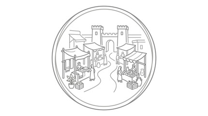 Circular illustration of a medieval market town. © SLAMET BUDIONO