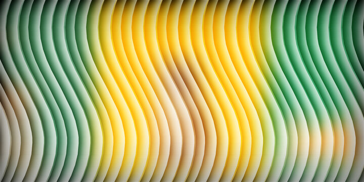 Wavy paper cut layers in green and yellow gradient creating 3d liquid ripple effect with modern layered geometric pattern design.