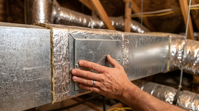 HVAC ductwork inspection in attic | Installing metal duct access panel | Residential ventilation system maintenance | Air duct repair and sealing service