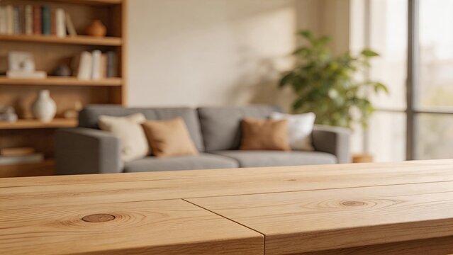 Close-up of empty wooden table in modern living room, cozy home interior with sofa and bookshelf background, natural light, furniture design concept