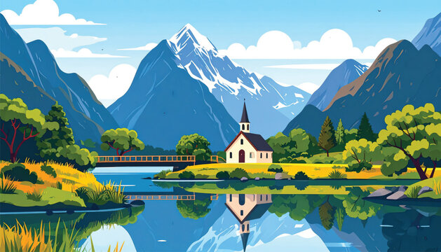 Small white church by serene lake.