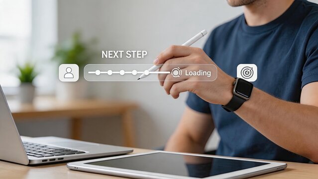 Next step progress bar loading concept, user interacting with virtual interface using stylus, workflow process visualization, goal achievement target icon