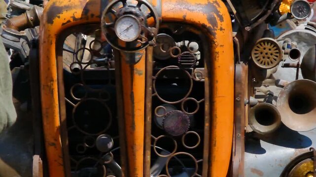 a custom steampunk-themed vehicle sculpture, front features a prominent orange grill, a circular gauge, and is detailed with numerous metallic steampunk-style gears and components