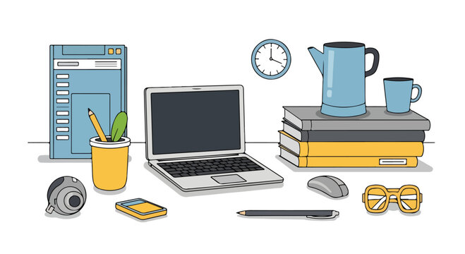 A cluttered desk with office supplies and a laptop computer