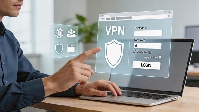 Cyber security VPN login interface, hologram screen technology, digital privacy protection, secure network connection, user authentication, firewall shield, online safety