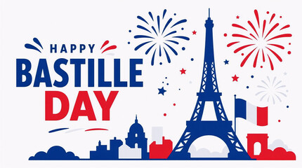 Happy Bastille Day French National Day Celebration Typography Animation with Eiffel Tower and France Flag Colors Vector Motion Graphic
