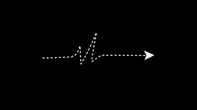 Animated dashed arrow, heartbeat line icon, moving dashed line, black background, 4K video