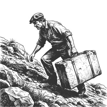 determined traveler pulling a large vintage trunk up a rocky mountain slope sketch engraving generative ai fictional character vector illustration. Scratch board imitation. Black and white image.